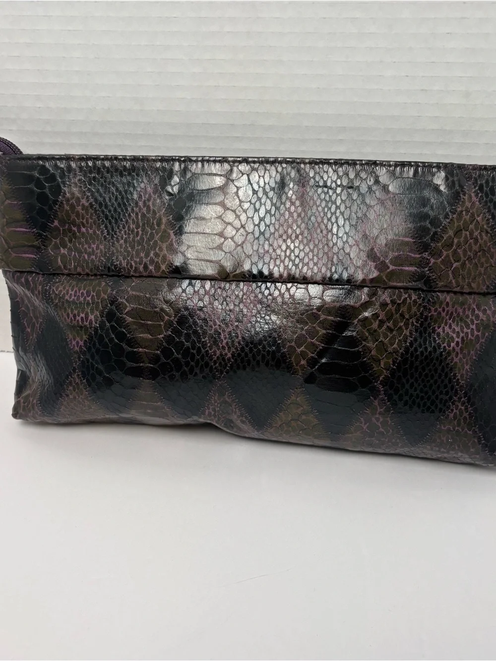 2-items NWOT- 1 snake skin harlequin diamond style pattern purple & blk clutch